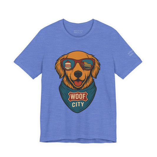 Woof City Rail District Red Golden Retriever Tee – Frisco’s Favorite Dog Shirt