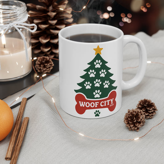 Woof City 2025 Holiday Mug — 11oz Festive Dog-Themed Coffee Cup